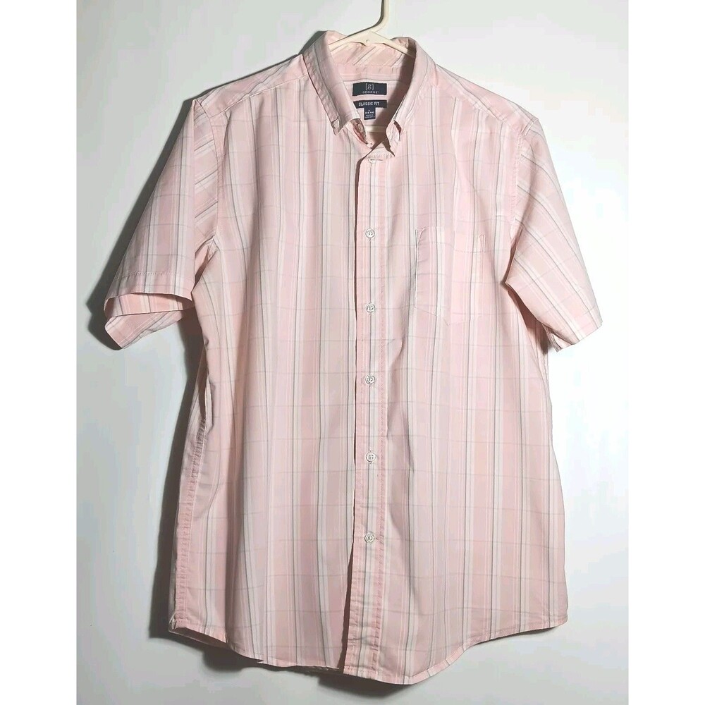 Mens George Shirt Large ( 42 - 44 ) Button Down Striped Short Sleeve Pink